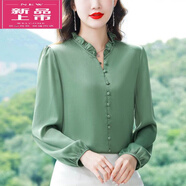 皮爾卡丹（pierre cardin）含真桑蠶C絲襯衫女長(zhǎng)袖春秋新款氣質(zhì)百搭含襯衣時(shí)尚色士上衣 綠色 L 建議【105-115斤】