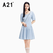 A21時(shí)髦女裝復古顯瘦a字裙夏季牛仔短連衣裙方領(lǐng)短袖 藍白 S