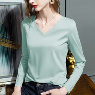 優(yōu)貝爾斯（YOUBES）80支雙面絲光棉T恤女長(cháng)袖春秋款百搭純色打底衫女內搭外穿女上衣 薄荷綠V領(lǐng) XL碼(110-120斤)