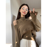 風采兔性感半高領露肩背心毛衣針織衫秋裝新款女上衣辣妹 咖色兩 均碼