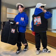 卡兔藍貓三件套童裝男童套裝秋冬裝新款兒童衛衣連帽加厚保暖馬甲長(cháng)褲套裝 BX931男童加絨加厚三件套藍色 150