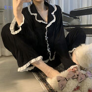 TULX春秋長(cháng)袖韓版ins甜美荷葉邊兩件套裝睡衣少女士家居服 開(kāi)衫黑色花邊-雙長(cháng) L 【建議100-115斤】