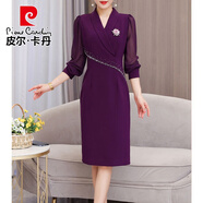 皮爾卡丹高端喜婆婆婚宴裝中年春秋新款連衣裙修身顯瘦真絲裙子氣質(zhì) 紫紅色 L