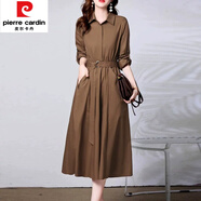 皮爾卡丹（pierre cardin）高端氣質(zhì)長(zhǎng)袖襯衫連衣女春秋季新款高檔氣質(zhì)遮肚顯瘦休閑中長(zhǎng)裙 咖啡色 3XL