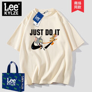 Leekylze官方品牌旗艦聯(lián)名短袖t恤男女貓和老鼠卡通半截袖情侶裝寬松重磅 杏色 L