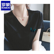 羅蒙（ROMON）品牌絲光棉短袖t恤女夏季新款女裝純棉寬松V領(lǐng)上衣雞心領(lǐng)體恤 高端品牌黑色V(印花 藍蝴蝶)+高檔品牌 M