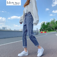 自由探戈哈倫牛仔褲女2025秋季小個子八分寬松高腰蘿卜老爹褲子 復古藍(九分) L