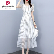 皮爾卡丹（pierre cardin）大I碼女裝夏天減齡雪紡圓點(diǎn)連衣裙夏季黑色長(zhǎng)裙波點(diǎn)裙子洋氣 9972白色 XL 建議110-120斤可穿