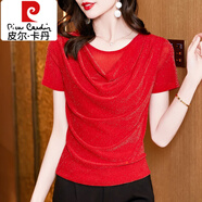 皮爾卡丹（pierre cardin）短袖堆堆領(lǐng)T恤女士夏裝設(shè)計(jì)感不規(guī)則亮絲網(wǎng)紗小衫洋氣小個子上衣 紅色 L 102-115斤