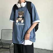 柏斐荻短袖T恤男新款休閑百搭夏季大碼寬松五分袖ins港風學生嘻哈短袖潮 C20  藍色 2XL.