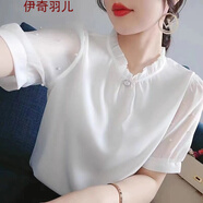 伊奇羽兒雪紡衫短袖襯衫女裝夏季夏裝新款上衣女士韓版蕾絲衫釘珠碎花鏤空 白色 L