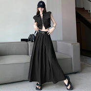 白展唐長(cháng)裙到腳踝夏天女2024年新款工裝外套百褶裙上衣搭配高級超長(cháng)半裙 黑色上衣+半身裙 套裝 不配 S建議【90-100斤】