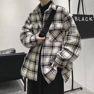 唐號春秋款小香風(fēng)刺繡外套男高級感痞帥工裝夾克潮牌寬松休閑格子襯衫 XXF001白色 XL