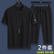 gxmy冰絲短袖T恤男士套裝圓領(lǐng)時尚國潮ins夏季薄款速干兩件套衣服男裝 A03純黑T+黑褲【兩件套】 XL 【建議體重120-140斤】