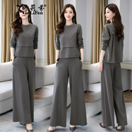 妍莉芬 休閑褲女春秋季職業(yè)闊腿褲套裝秋裝2022年新款女裝時(shí)尚顯瘦長(cháng)袖兩件裝褲子 灰色 XXL
