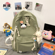 楓緹書包小學(xué)生初中大容量輕便背包高中大學(xué)生高顏值百搭簡(jiǎn)約風(fēng)雙肩包 綠色【升級(jí)版加厚面料】 包+徽章+小熊頭+腮紅小熊掛件