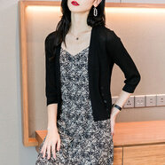 予瑾 搭配裙子的小外套夏天冰絲針織開(kāi)衫女薄款外搭亞麻衣小披肩短款夏季配吊帶 黑色 L