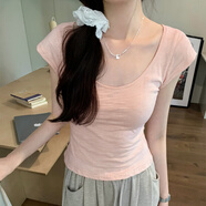 嬌茹妮韓系修身顯瘦U領(lǐng)純色短袖T恤女夏季2024新款高腰法式短款打底上衣 粉色 L