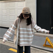 索宛亦（SUOWANYI）秋春bf原宿風條紋毛衣女學生韓版寬松中長款百搭顯瘦針織衫外套 杏色【(送)哦】 L