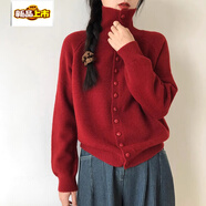 初徑秋季超火慵懶風(fēng)高領(lǐng)毛衣女年秋冬新款單排扣設計開(kāi)衫外套 紅色  S 40/45kg 收藏加購優(yōu)先發(fā)貨/加運費險
