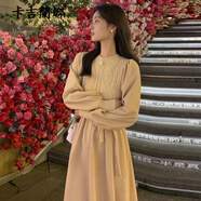 卡吉蘭娜新款連衣裙女裝春秋2024年小香風氣質(zhì)加厚收腰顯瘦燈芯絨針織裙子 杏色 M