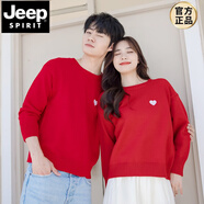 JEEP SPIRIT情侶裝秋冬季新款潮流ins圓領(lǐng)寬松保暖毛衣拍結(jié)婚登記照領(lǐng)證衣服 紅色-愛心刺繡 女S