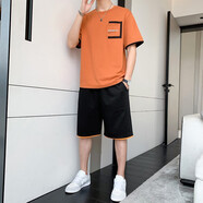 男府男士短袖t恤圓領純棉夏季上衣服男裝夏天半袖體恤衫潮牌休閑套裝 22003桔紅套裝 M(建議90-115斤)