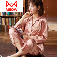 貓人（MiiOW）睡衣女士春季春夏季真絲綢長袖家居服絲綢薄款春秋款大碼套裝舒適 H-279紐扣蕾絲麥金色 M 女