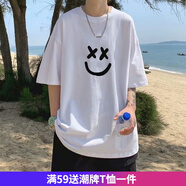 嘉曄短袖T恤新款圓領(lǐng)印花男女寬松ins休閑學(xué)生上衣港風(fēng)五分袖寬松短袖 白色 7XL