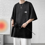 OEMG冰絲七分袖t恤男夏季新款男裝ins港風(fēng)寬松中袖體恤衫青少年上衣服 DX1533黑色 2XL [建議135-150斤]