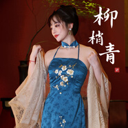 聽(tīng)月小筑【柳梢青】原創(chuàng  )女春夏旗袍披肩修身國風(fēng)新中式改良漢服 藍色掛脖連衣裙 現貨 L