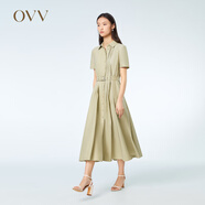 OVV春夏熱賣(mài)女裝抽褶收腰襯衫式版型休閑A字傘裙短袖連衣裙 卡其綠（凈色）07 M