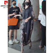 皮爾卡丹（pierre cardin）官方高端香云紗裙子重磅真絲桑蠶絲時(shí)尚紐扣設(shè)計(jì)感時(shí)尚印花氣質(zhì)寬 品牌旗艦黑色 4XL 品牌旗艦