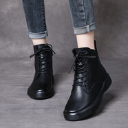 敏蔻國際精品頭層牛皮秋冬季新款歐美復(fù)古馬丁靴女時(shí)尚平底短 黑色布里 40