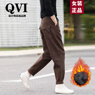 QVI高端品牌 休閑褲女2025秋冬新款寬松復古運動(dòng)工裝蘿卜哈倫長(cháng)褲 咖啡色【冬加絨加厚】 XL 推薦115-130斤