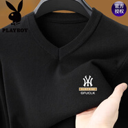 花花公子（PLAYBOY）品牌羊毛衫男100純羊毛秋冬款V領(lǐng)針織衫中年男士爸爸打底衫毛衣 長(cháng)袖A53黑色Y 2XL 180推薦150-165斤