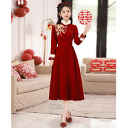 塞德勒（SAIDELE）敬酒服新娘2025新款紅色結(jié)婚長袖冬天加厚款絲絨禮服裙女冬季 酒紅色中長款  無披肩 XS(建議75-85斤)