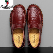 西域駱駝（VANCAMEL）皮鞋男真皮加大號休閑鞋加肥45腳寬腳肥46特大碼47高腳背胖子男鞋 酒紅色《套腳經(jīng)典百搭》 標準皮 39 比運動(dòng)鞋大一碼