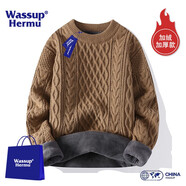 WASSUP HERMU潮牌聯(lián)名純色毛衣男女春秋季圓領(lǐng)打底針織衫保暖寬松情侶大碼上衣 加絨款-31咖啡色 4XL（推薦165-200斤）