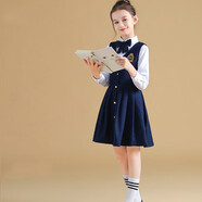 布戀貓兒童合唱演出服朗誦小學生校服英倫風幼兒園班服男女童馬甲表演服 女童四件套（襯衣+連衣裙+領(lǐng)花+徽章） 150 cm