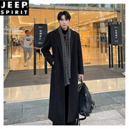 JEEP SPIRIT毛呢大衣男士長款加長超長款過膝秋冬季加厚呢料風衣高級感休閑潮 黑色 超長1米3多 2XL 建議170斤左右