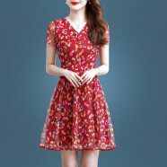 勇伦连衣裙女短袖2023夏季新款女装时尚气质雪纺裙子中长款蕾丝夏裙 红色碎花 2XL（建议123-132斤）