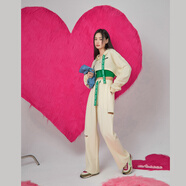 CHUU破洞休閑褲女2025春夏新款【羅米同款】寬松高腰抽繩直筒闊腿長(zhǎng)褲 白杏色 S