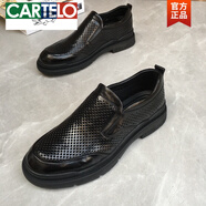 卡帝樂(lè )鱷魚(yú)（CARTELO）高端男鞋大頭皮鞋潮百搭真皮涼鞋軟皮鞋青年休閑男鞋透氣洞洞涼鞋 黑色 套腳涼鞋 37