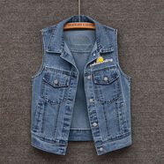 UKCF牛仔背心女 外穿春秋牛仔馬甲背心外套韓版時(shí)尚洋氣馬甲女大口袋印花百搭馬夾寬松 藍色 1212# L 95-110斤