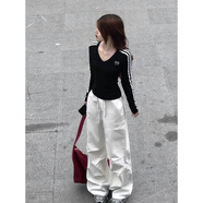 LDBE美式復(fù)古條紋V領(lǐng)修身辣妹長(zhǎng)袖t恤女秋冬新款內(nèi)搭設(shè)計(jì)感打底衫上衣 黑色 M