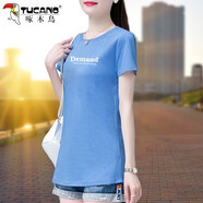 啄木鳥(niǎo)好棉短袖t恤女夏季寬松休閑體恤中長(cháng)款圓領(lǐng)上衣 淺藍色 M 建議80-95斤