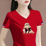 詩婭達短袖T恤女2025夏季新款洋氣減齡短款修身正肩小衫V領(lǐng)體恤 紅色【花帽女人】 XL 建議110-120斤