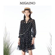 曼婭奴（MIGAINO）新款碎花裙子法式V領收腰雪紡茶歇裙短裙不規(guī)則裙擺印花連衣裙 黑底花 L 165/88A