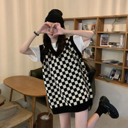 蘭威費(fèi)雷棋盤格子馬甲背心針織女春秋韓版慵懶風(fēng)學(xué)院復(fù)古寬松無袖毛衣女潮 黑色 【馬甲】 S 80-90斤
